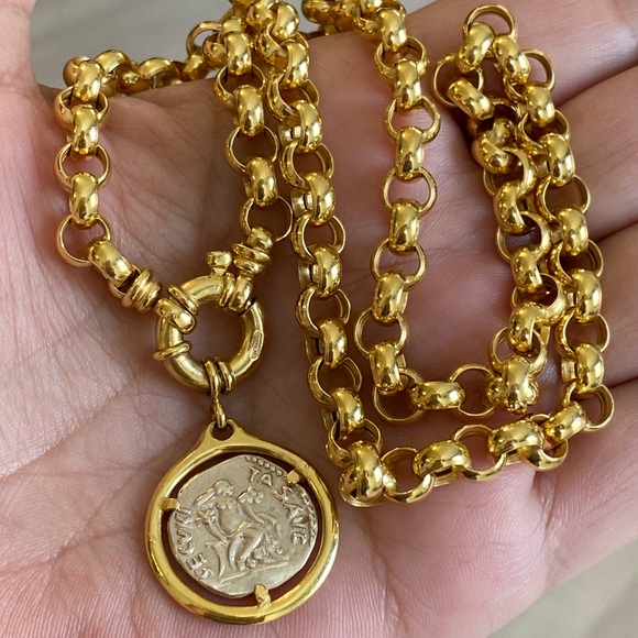 ***SOLD***Vintage 14k Yellow Gold 6mm Rolo Link Roman Coin Pendant Necklace! - Picture 10 of 16